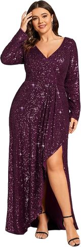 Ever-Pretty Women's V-Neck A-Line Pleated Long Sleeves Floor Length Plus Size Sequin Dress Formal Evening Gowns 50146-DA in Saudi Arabia
