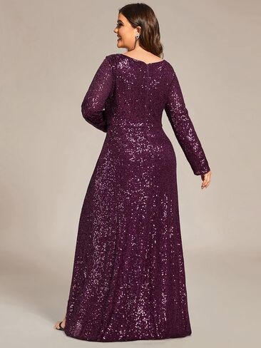 Ever-Pretty Women's V-Neck A-Line Pleated Long Sleeves Floor Length Plus Size Sequin Dress Formal Evening Gowns 50146-DA in Saudi Arabia