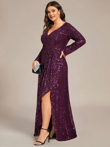 Ever-Pretty Women's V-Neck A-Line Pleated Long Sleeves Floor Length Plus Size Sequin Dress Formal Evening Gowns 50146-DA in Saudi Arabia