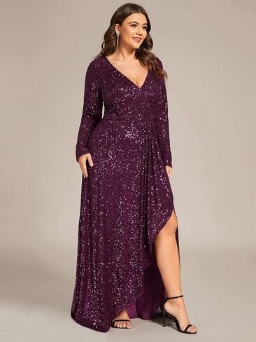 Ever-Pretty Women's V-Neck A-Line Pleated Long Sleeves Floor Length Plus Size Sequin Dress Formal Evening Gowns 50146-DA in Saudi Arabia