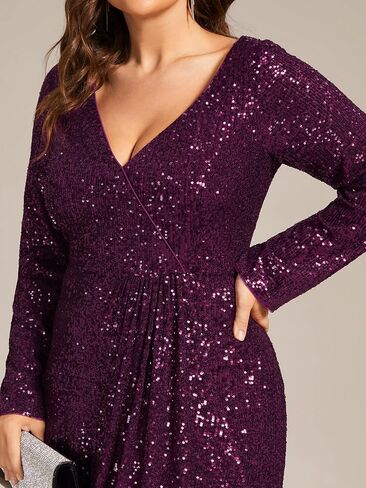 Ever-Pretty Women's V-Neck A-Line Pleated Long Sleeves Floor Length Plus Size Sequin Dress Formal Evening Gowns 50146-DA in Saudi Arabia