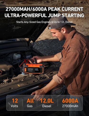 AstroAI Car Battery Jump Starter 6000A Peak 27000 mAh Portable Charger and Jumper Cables for All Gas/12.0L Diesel Lithium Car Jump Starter Battery Pack Cables, 100W Fast Charging in Saudi Arabia