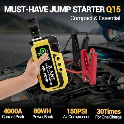 Car Battery Jump Starter with Air Compressor, 3000A Peak 150PSI Car Jump Starter Jump Box for Up to 10L Gas 8L Diesel Engine, 12V Car Battery Jumper Starter with Jumper Cables, LCD Display, Lights in Saudi Arabia