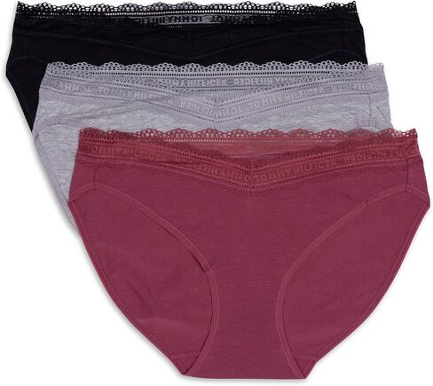 Tommy Hilfiger Women's 3pk Cotton Logo Lace Trim V Bikini in Saudi Arabia
