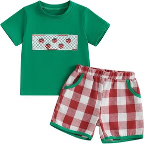 Toddler Baby Boy Summer Outfits Short Sleeve Embroidered T Shirt Tees + Striped/Plaid Shorts Infant Clothes Set in Kuwait