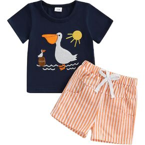 Toddler Baby Boy Summer Outfits Short Sleeve Embroidered T Shirt Tees + Striped/Plaid Shorts Infant Clothes Set in Saudi Arabia