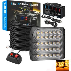 LED strobe تحذير من شريط الضوء ، AUBEAMTO 4Pods 12SMD أضواء طارئة قوية ، مصبغة السطح شباك شبكية الضوء الإضاءة ضوء ، 18 وضع الإضاءة ، محول ولاعة السجائر (أبيض+العنبر) in Kuwait