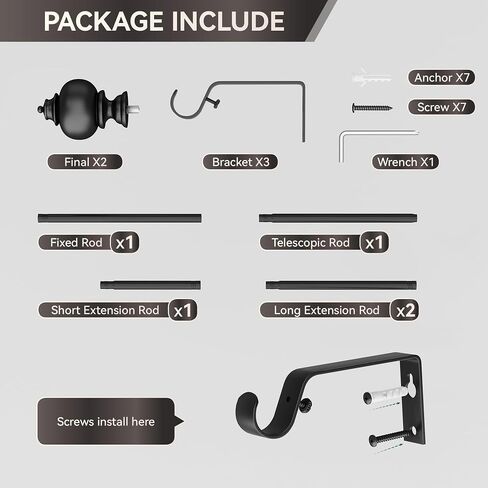 Black Curtain Rods for Windows 32-90 inch, Adjustable Curtain Rods with Brackets, Heavy Duty Window Rods with Round Finials, Easy Install in Saudi Arabia