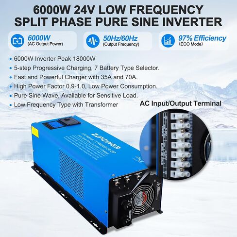 ZLPOWER 6000W Peak 18000W Pure Sine Wave Inverter Charger, 24V DC to 120/240V Split Phase, Low Frequency Inverter, LCD Display, Off Grid for Truck Boat Home RV(LW 6000W-24V) in Saudi Arabia
