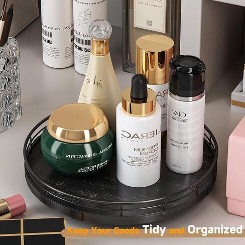 Gold Decorative Vanity Tray, 10 Inch Rotating Lazy Susan Perfume Tray with Metal Rail, Checkerboard Wood Organizer for Bathroom Counter, Dresser, Skincare, Jewelry and Makeup Display in Saudi Arabia