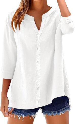 LOMON Womens 3/4 Sleeve Button Down Shirts Cotton Linen Roll Up Short Sleeve Tops V Neck Casual Loose Fit Blouses in Saudi Arabia