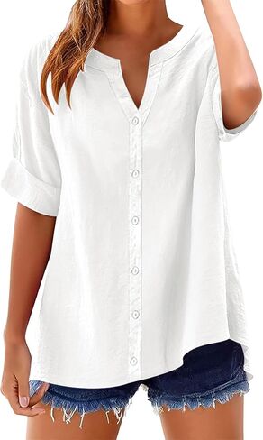 LOMON Womens 3/4 Sleeve Button Down Shirts Cotton Linen Roll Up Short Sleeve Tops V Neck Casual Loose Fit Blouses in Saudi Arabia