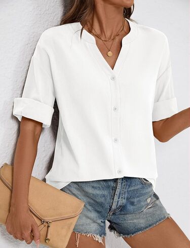 LOMON Womens 3/4 Sleeve Button Down Shirts Cotton Linen Roll Up Short Sleeve Tops V Neck Casual Loose Fit Blouses in Saudi Arabia