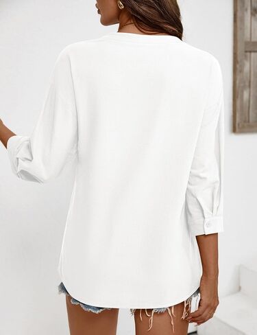 LOMON Womens 3/4 Sleeve Button Down Shirts Cotton Linen Roll Up Short Sleeve Tops V Neck Casual Loose Fit Blouses in Saudi Arabia
