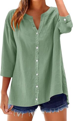 LOMON Womens 3/4 Sleeve Button Down Shirts Cotton Linen Roll Up Short Sleeve Tops V Neck Casual Loose Fit Blouses in Saudi Arabia