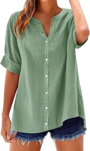 LOMON Womens 3/4 Sleeve Button Down Shirts Cotton Linen Roll Up Short Sleeve Tops V Neck Casual Loose Fit Blouses in Saudi Arabia