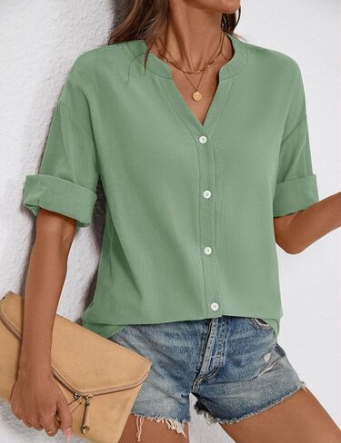 LOMON Womens 3/4 Sleeve Button Down Shirts Cotton Linen Roll Up Short Sleeve Tops V Neck Casual Loose Fit Blouses in Saudi Arabia