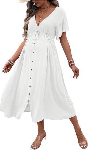 OYOANGLE Women's Maternity Drawstring Waist Midi Dress V Neck Ruffle Short Sleeve Pregnancy Flowy Dresses in Saudi Arabia