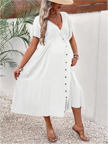 OYOANGLE Women's Maternity Drawstring Waist Midi Dress V Neck Ruffle Short Sleeve Pregnancy Flowy Dresses in Saudi Arabia
