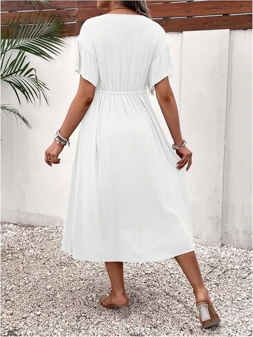 OYOANGLE Women's Maternity Drawstring Waist Midi Dress V Neck Ruffle Short Sleeve Pregnancy Flowy Dresses in Saudi Arabia