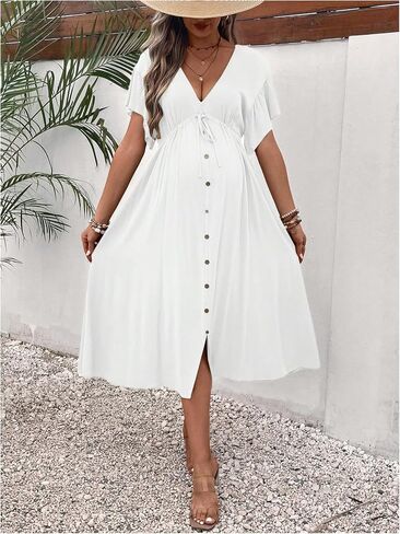 OYOANGLE Women's Maternity Drawstring Waist Midi Dress V Neck Ruffle Short Sleeve Pregnancy Flowy Dresses in Saudi Arabia