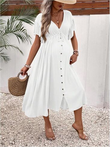 OYOANGLE Women's Maternity Drawstring Waist Midi Dress V Neck Ruffle Short Sleeve Pregnancy Flowy Dresses in Saudi Arabia