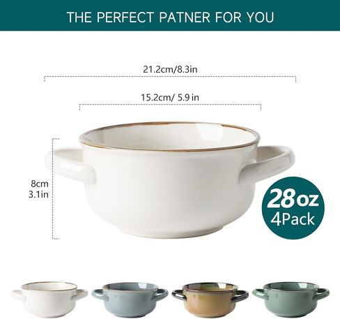 MONITO Ceramic Salad Bowl with Handles, 28 oz French Onion Soup Bowls, Dishwasher & Microwave Safe Ceramic Soup Bowls for Cereal, Pasta, Chilli, Beef Stew, Stackable Serving Bowl Set of 4 in Saudi Arabia