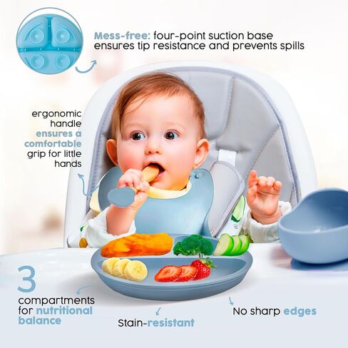 2025 Silicone Baby Feeding Set - Baby Spoons, Suction Bowl,Divided Plate Bib Cup Finger Brush - 6+ Months Food Grade-Green in Kuwait