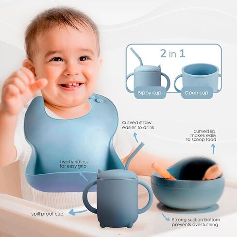 2025 Silicone Baby Feeding Set - Baby Spoons, Suction Bowl,Divided Plate Bib Cup Finger Brush - 6+ Months Food Grade-Green in Kuwait