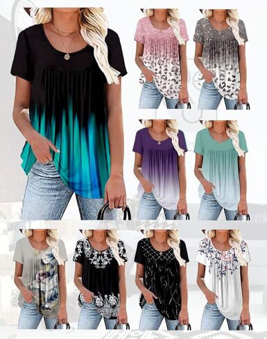 Womens Summer Plus Size Tops Blouses Short Sleeve Shirts Lace Pleated Tunic Tops M-4XL in Kuwait