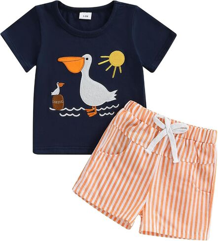 Toddler Baby Boy Summer Outfits Short Sleeve Embroidered T Shirt Tees + Striped/Plaid Shorts Infant Clothes Set in Kuwait