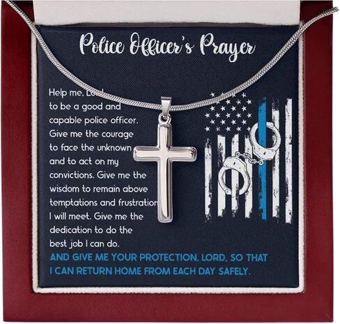 Custom Engraved Police Officer's Prayer Cross Necklace, Police Academy Graduation Present, Police Office Religious Jewelry, Police Officer Message Box in Saudi Arabia