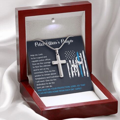 Custom Engraved Police Officer's Prayer Cross Necklace, Police Academy Graduation Present, Police Office Religious Jewelry, Police Officer Message Box in Saudi Arabia