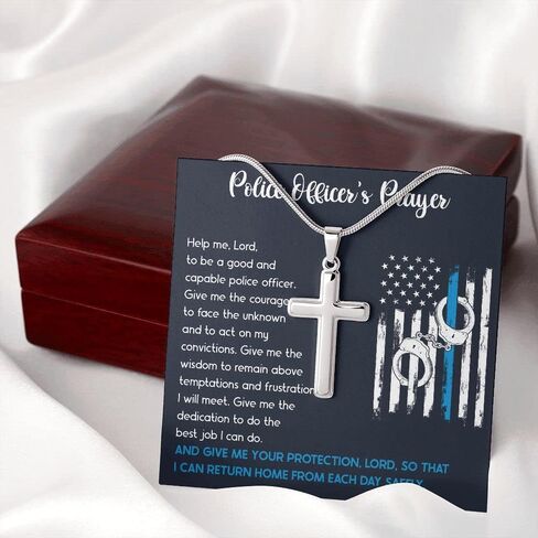 Custom Engraved Police Officer's Prayer Cross Necklace, Police Academy Graduation Present, Police Office Religious Jewelry, Police Officer Message Box in Saudi Arabia