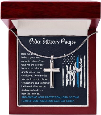 Custom Engraved Police Officer's Prayer Cross Necklace, Police Academy Graduation Present, Police Office Religious Jewelry, Police Officer Message Box in Saudi Arabia