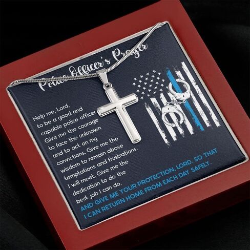 Custom Engraved Police Officer's Prayer Cross Necklace, Police Academy Graduation Present, Police Office Religious Jewelry, Police Officer Message Box in Saudi Arabia