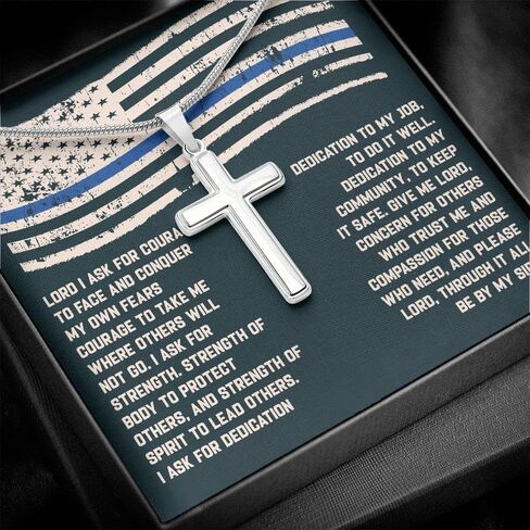 Custom Engraved Police Officer's Prayer Cross Necklace, Police Academy Graduation Present, Police Office Religious Jewelry, Police Officer Message Box in Saudi Arabia