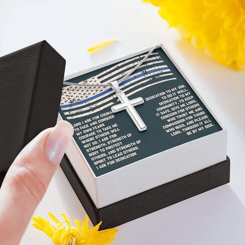 Custom Engraved Police Officer's Prayer Cross Necklace, Police Academy Graduation Present, Police Office Religious Jewelry, Police Officer Message Box in Saudi Arabia