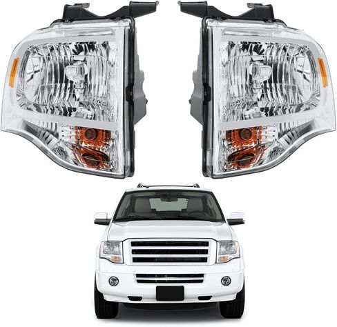 Pensun Assembly Assembly Fit for Ford Expedition 2007-2014 ، استبدال المصابيح الأمامية على غرار OE ، عاكس Chrome Housing & Amber ، فقط لنماذج الهالوجين (جانب السائق وجانب الراكب) in Kuwait