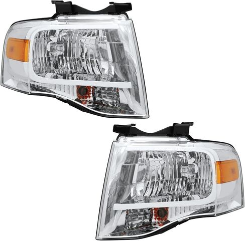 Pensun Assembly Assembly Fit for Ford Expedition 2007-2014 ، استبدال المصابيح الأمامية على غرار OE ، عاكس Chrome Housing & Amber ، فقط لنماذج الهالوجين (جانب السائق وجانب الراكب) in Kuwait