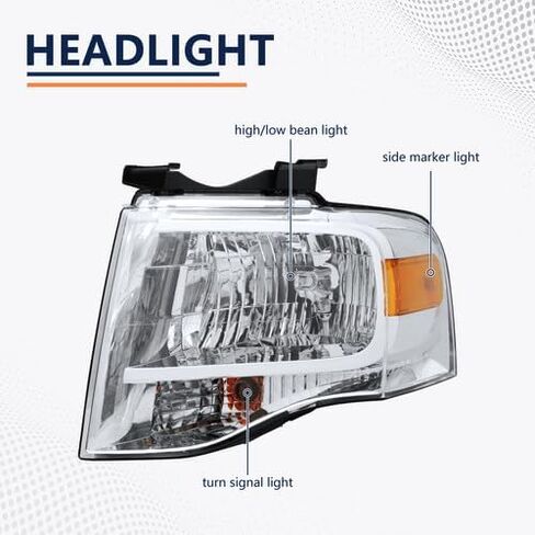 Pensun Assembly Assembly Fit for Ford Expedition 2007-2014 ، استبدال المصابيح الأمامية على غرار OE ، عاكس Chrome Housing & Amber ، فقط لنماذج الهالوجين (جانب السائق وجانب الراكب) in Kuwait