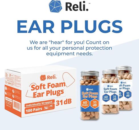 Reli. Foam Ear Plugs (60 Pairs) 31 dB NRR | Disposable Foam Ear Plugs for Sleeping Noise Cancelling | Blocks Loud Snoring, Concerts, Travel, Noise Reduction (Peach) in Saudi Arabia