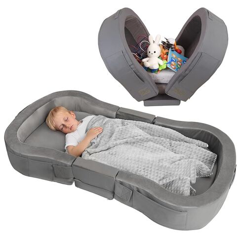 ENITYA Toddler Travel Bed, Folding Floor Cot for Travel, Portable Kids Bed for Sleeping, Washable Toddler Cot for Children 18M – 5yr Old, Grey in Kuwait