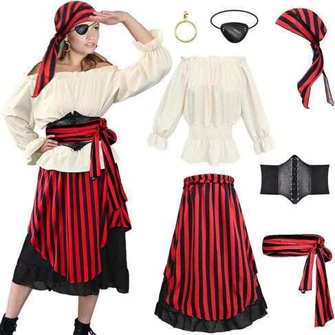 7Pcs Womens Pirate Costume with Accessories Renaissance Blouse Tops Skirt Medieval Belt Headscarf Full Outfit in Kuwait