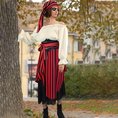 7Pcs Womens Pirate Costume with Accessories Renaissance Blouse Tops Skirt Medieval Belt Headscarf Full Outfit in Kuwait