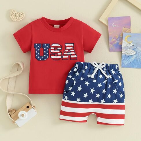 FOMOYUU Baby Boy Summer Flag Shorts Set Clothes for forth of July Outfits Infant Toddler Casual Boy Short Outfits in Saudi Arabia