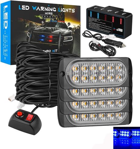 LED strobe تحذير من شريط الضوء ، AUBEAMTO 4Pods 12SMD أضواء طارئة قوية ، مصبغة السطح شباك شبكية الضوء الإضاءة ضوء ، 18 وضع الإضاءة ، محول ولاعة السجائر (أبيض+العنبر) in Kuwait