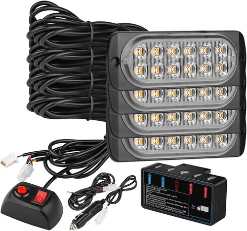 LED strobe تحذير من شريط الضوء ، AUBEAMTO 4Pods 12SMD أضواء طارئة قوية ، مصبغة السطح شباك شبكية الضوء الإضاءة ضوء ، 18 وضع الإضاءة ، محول ولاعة السجائر (أبيض+العنبر) in Kuwait
