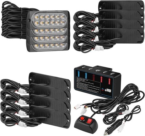 LED strobe تحذير من شريط الضوء ، AUBEAMTO 4Pods 12SMD أضواء طارئة قوية ، مصبغة السطح شباك شبكية الضوء الإضاءة ضوء ، 18 وضع الإضاءة ، محول ولاعة السجائر (أبيض+العنبر) in Kuwait