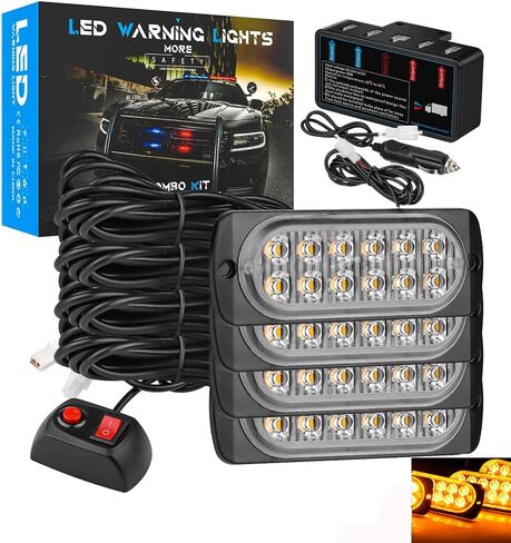LED strobe تحذير من شريط الضوء ، AUBEAMTO 4Pods 12SMD أضواء طارئة قوية ، مصبغة السطح شباك شبكية الضوء الإضاءة ضوء ، 18 وضع الإضاءة ، محول ولاعة السجائر (أبيض+العنبر) in Kuwait